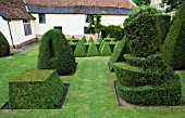 TOPIARY GARDEN WITH  LEANING CUBE & TATLINS TOWER (ORIGINAL DESIGNED BY VLADIMIR TATLIN)  IN FGRD. TAXUS BACCATA (YEW) & BUXUS SEMPERVIRENS (BOX)