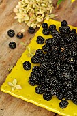 Harvest of wild blackberries, fruits and bouquet of pink and yellow flowers