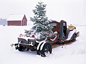 Christmas decorations on old truck with snow, Oregon, USA.