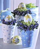 EASTER EGGS IN PAINTED POTS WITH CONVALLARIA MAJALIS