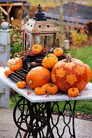 DECORATIVE_PUMPKINS_WITH_LEAF_PATTERN_ON_OLD_TABLE_WITH_LANTERN_AND_TYPEWRITER