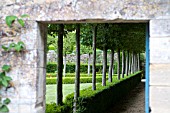 BUXUS SEMPERVIRENS AND TILIA TREES IN FORMAL GARDEN AT CHATEAU DE BRECY