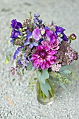 SUMMER BOUQUET IN BLUES AND PURPLES WITH ROSES, DAHLIA AND SWEET PEA