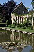 LILY POND AND TITHE BARN, SUDELEY CASTLE GARDENS