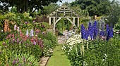 Deep borders of mixed colours and varieties of herbaceous perennials, grass path leading to oak pergola at Wollerton Old Hall (NGS) Market Drayton in Shropshire midsummer July