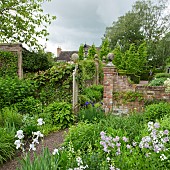 Path through wrought iron gateway with borders of herbaceous perennials